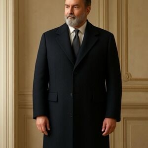 Silver Cloud Long Wool Cashmere Overcoat Mens Size 42 R Black Distinguished Chic